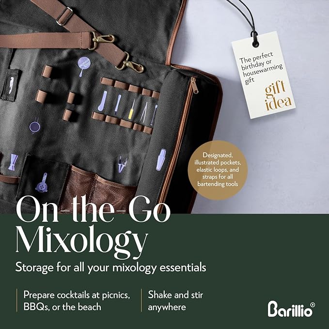 Barillio Bartender Kit Bag with Gold Cocktail Shaker Set - Waxed Canvas, Traveling Bar Tools Bag with 17-Pc Cocktail Kit - Travel Mixology Bartending Kits - Mobile Bar Roll with Strap & Accessories