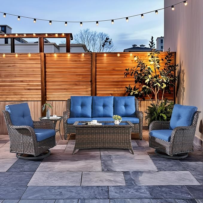 HUMMUH Wicker Patio Furniture Set with Outdoor Swivel Rocker Patio Chairs,High Back Outdoor Couch and Table 5 Pieces Outdoor Furniture for Porch Garden Deck