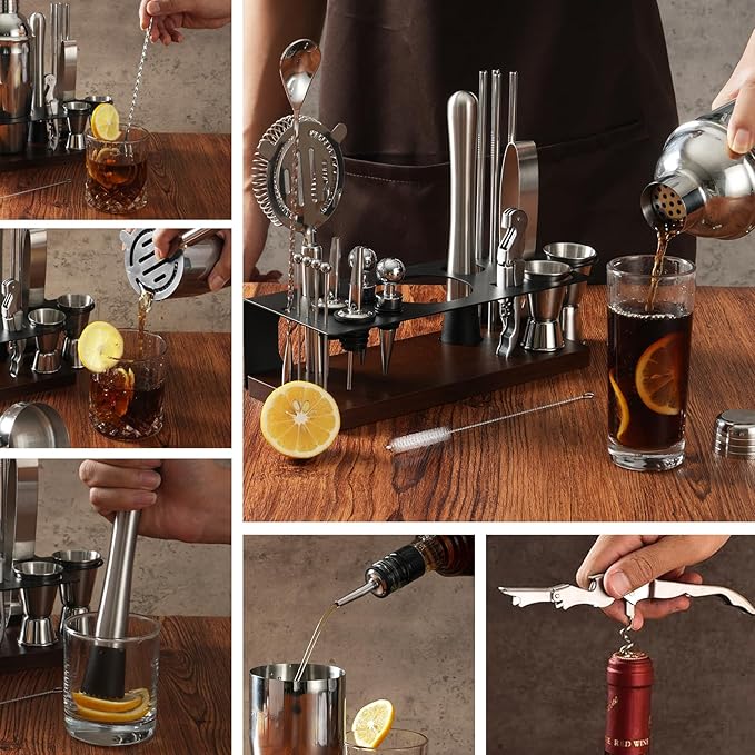 23-Piece Bartender Kit, Cocktail Shaker Set with Stand | Bar Drink Mixer Set with All Essential Bar Tools: Martini Shaker, Jigger, Strainer, Spoon, Muddler, Pourers, for Home, Bar, Party