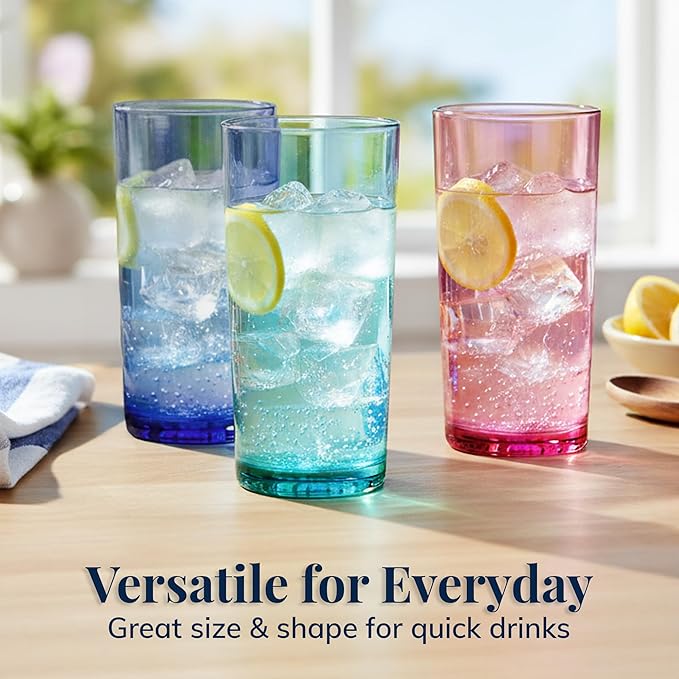US Acrylic Classic Plastic Reusable Drinking Glasses (Set of 6) 24oz Iced Tea Cups Assorted Colors | BPA-Free Tumblers, Made in USA | Top-Rack Dishwasher Safe