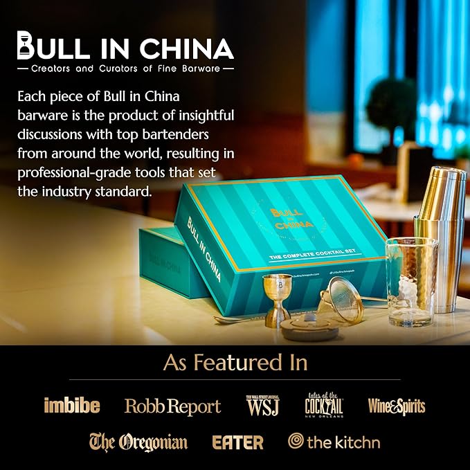 Shaken & Stirred Cocktail Set by Bull in China - Premium Bartender Gift Set w/ 2 Piece Weighted Shaker, Hammered Jigger, Hawthorne Strainer, Fine Mesh Strainer, Mixing Glass & Barspoon (Antique Brass)