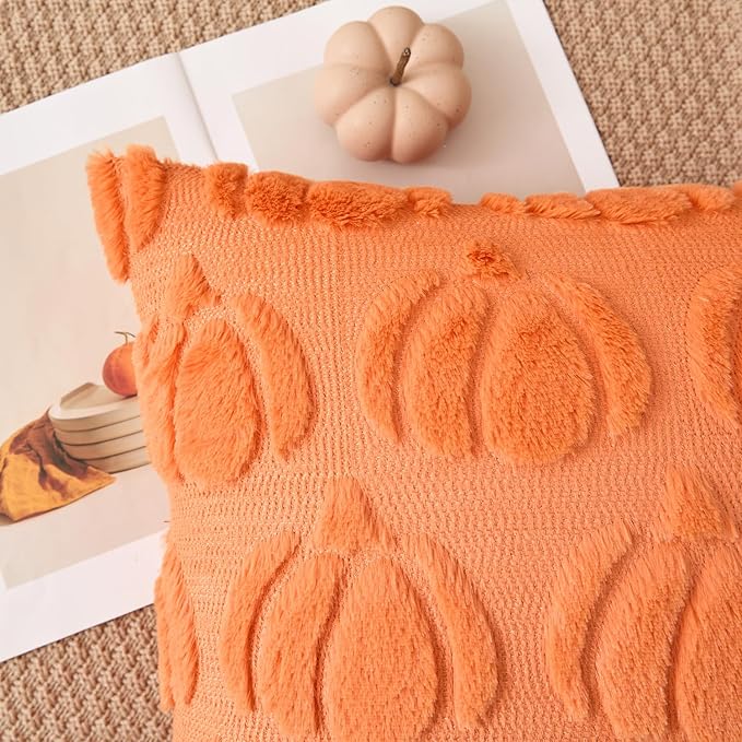 Kevin Textile Fall Pillow Covers 18x18 Inch Set of 2 Soft Pumpkins Decorative Square Pillowcases Plush Autumn Faux Fur Cushions Harvest Gift for Couch Sofa Chair Bedroom Home Decor, Orange