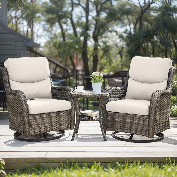 HUMMUH High Back Outdoor Swivel Rocker Patio Chairs Set of 2, with 5-Inch Thick Cushions and Side Table,All-Weather Patio Furniture for Porch,Poolside, Deck, and Yard