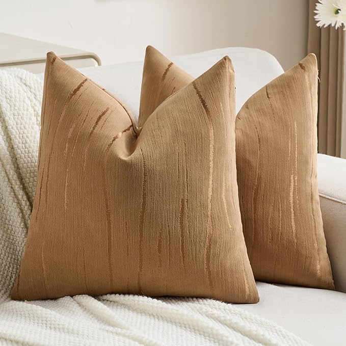 FUTEI Bronze Chenille Decorative Throw Pillow Covers 18x18 Inch Set of 2,Soft Embossed Striped Textured Cushion Case,Modern Home Decor for Couch Bed Living Room