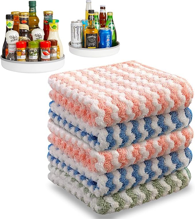 JOYMOOP Microfiber Cleaning Cloth, 5 PCS Kitchen Towels(10" x 10"), Absorbent Streak Free Lint Cleaning Cloths, Reusable and Washable Dish Rags with 12" and 10" Lazy Susan Organizer