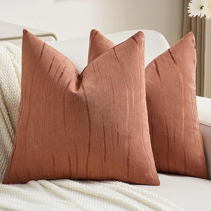 FUTEI Rust Chenille Decorative Throw Pillow Covers 16x16 Inch Set of 2,Soft Embossed Striped Textured Cushion Case,Modern Home Decor for Couch Bed Living Room