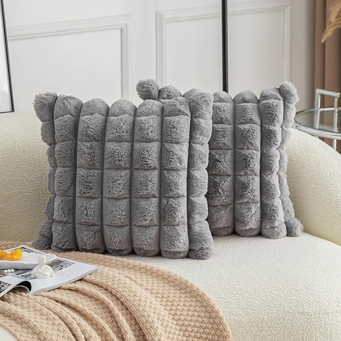 Neelvin Grey Faux Fur Cozy Soft Plaid Decorative Throw Pillow Covers 16x16 inch Set of 2,Velvet Pillowcase Cushion Case for Sofa Couch