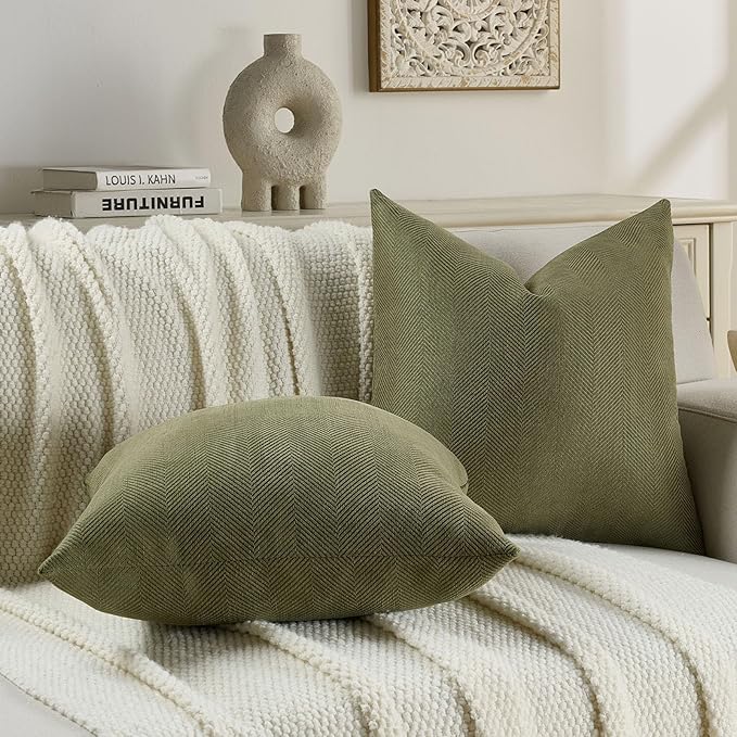 FUTEI Moss Green Chenille Throw Pillow Covers 16x16 Inch Set of 2,Soft Wide Chevron Textured Cushion Case,Farmhouse Home Decor for Couch Bed Living Room