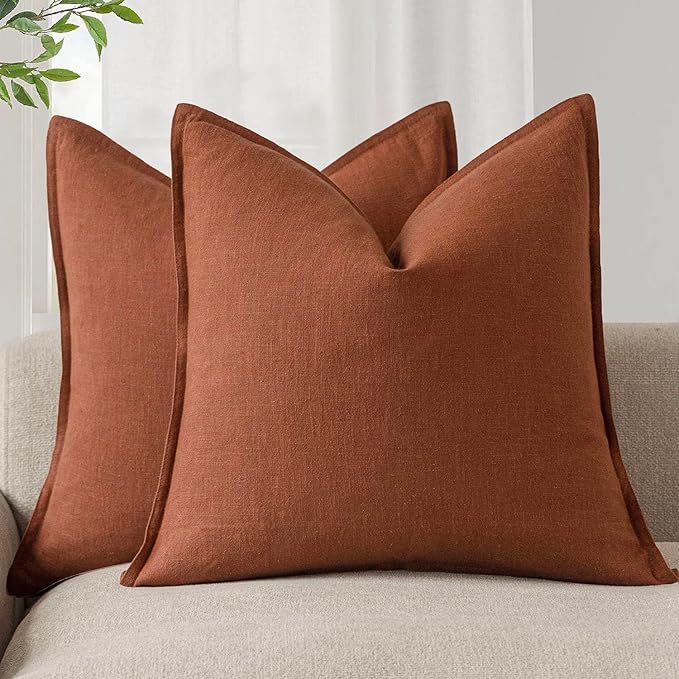 Foindtower Pack of 2, Decorative Linen Soild Throw Pillow Covers Soft Accent Cushion Case Farmhouse Neutral Pillowcase for Chair Couch Sofa Bedroom Living Room Home Decor 24 x 24 Inch Fall Rust Orange
