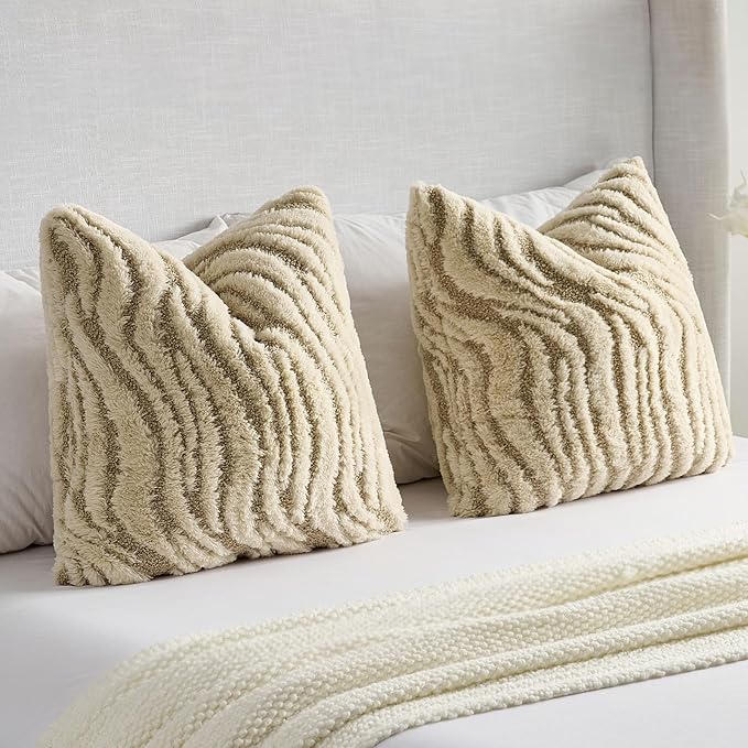 FUTEI Beige Decorative Throw Pillow Covers 22x22 Inch Set of 2,Soft Faux Fur Geometric Shapes Texture Cushion Case,Boho Home Decor for Couch Bed Living Room