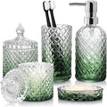 Bathroom Accessories Set, 5Pcs Bathroom Soap Dispenser Set, Glass Bathroom Accessories with Glass Soap Dispenser, Soap Dish, Toothbrush Holder, Tumbler, Cotton Swab Jar (Gradient Clear & Green)
