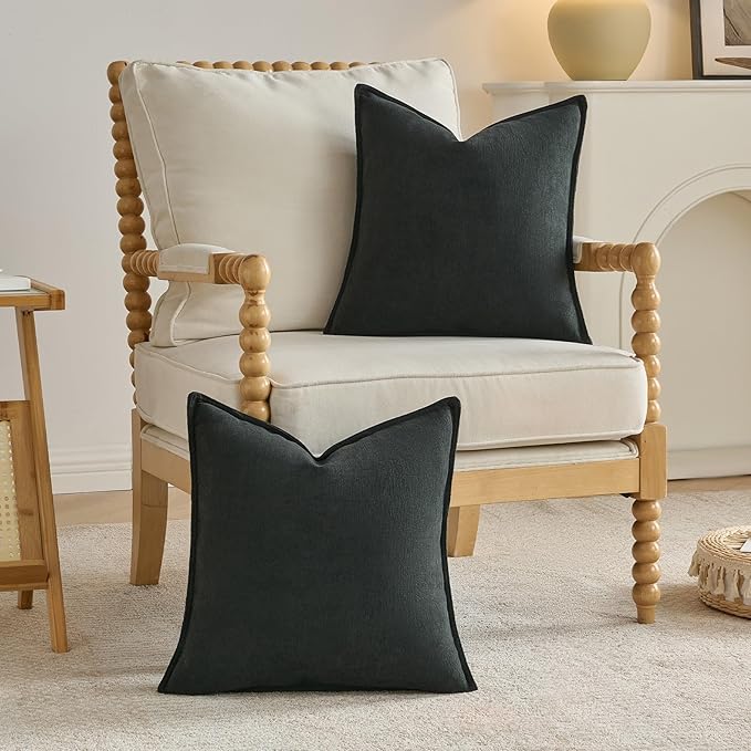 FUTEI Black Chenille Throw Pillow Covers 12x20 Inch Set of 2,Edges Double-Stitched Lumbar Pillow Cases,Modern Home Decor for Couch Living Room