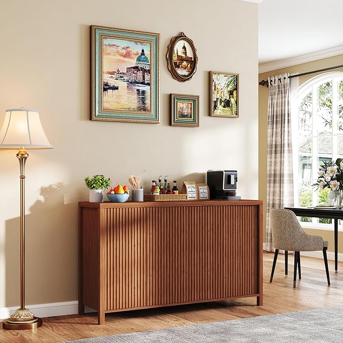 YOUDENOVA Fluted Buffet Cabinet with Storage Set of 2, Modern Sideboard Cabinets with 4 Doors & Adjustable Shelves, Accent Credenza Storage Cabinet, Wood Entryway Cabinet for Living Room, Brown