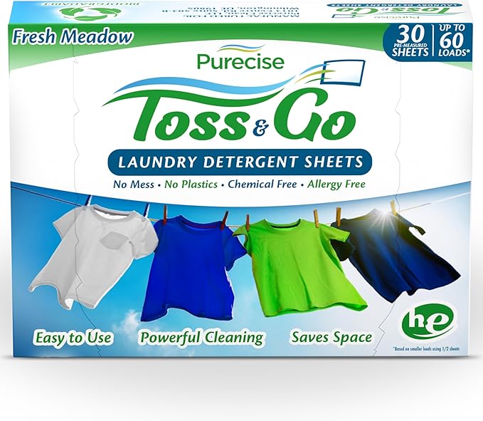 Purecise - Toss & Go - Fresh Meadow Laundry Detergent Sheets - Powerful Clean, No Mess, Fast-Dissolving, No Residue - 60 Loads - 30ct Pack of 1