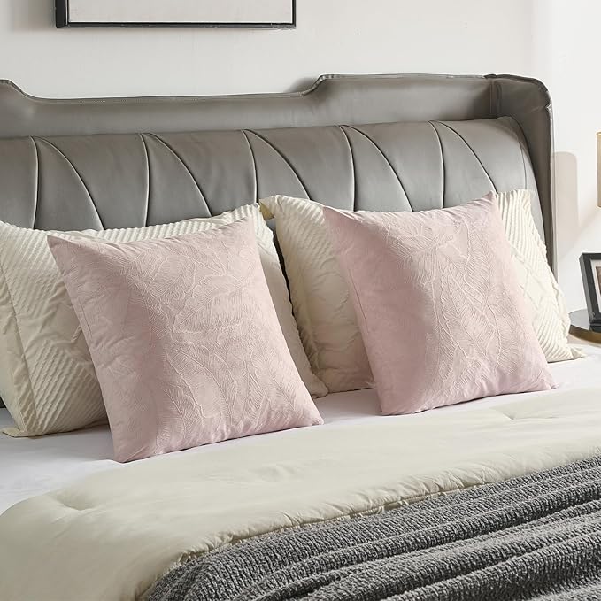 FUTEI Pink Velvet Throw Pillow Covers 18x18 Inch Set of 2,Soft Embossed Leaf-Relief Textured Cushion Cases,Natural Home Decor for Couch Living Room