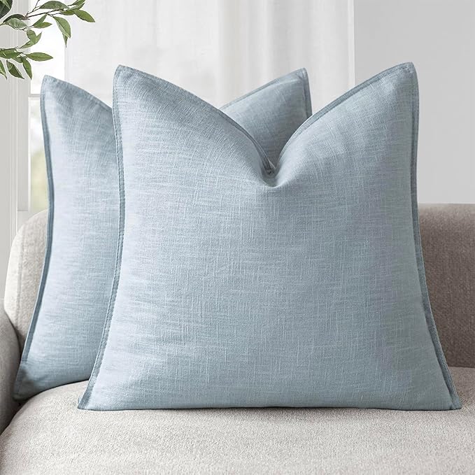 Foindtower Pack of 2, Decorative Linen Soild Throw Pillow Covers Soft Accent Euro Cushion Case Boho Farmhouse Pillowcase for Chair Couch Sofa Bedroom Living Room Home Decor 18 x 18 Inch Sky Blue