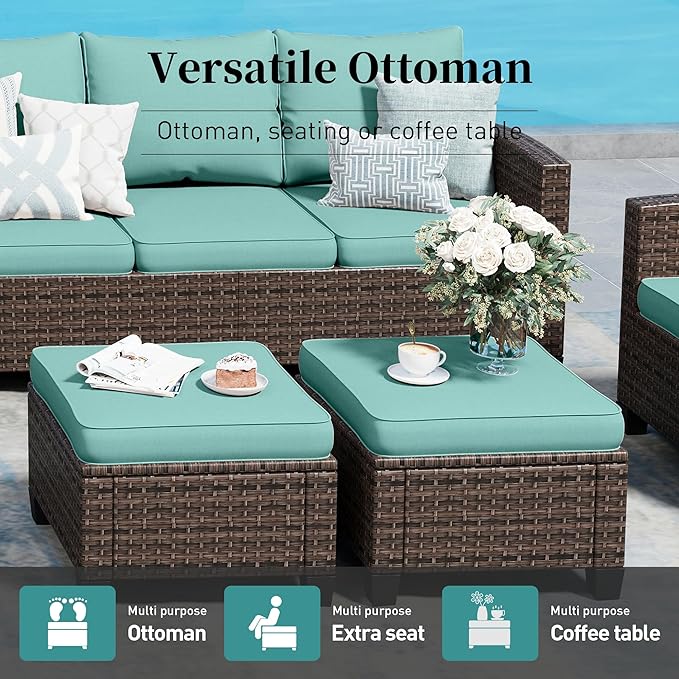Patio Furniture Set Outdoor Furniture Brown Wicker Rattan Patio Conversation Sets with Cushion Outside Sofa Set,5 Pieces with Rectangular Firepit Table,7 Seats,Blue