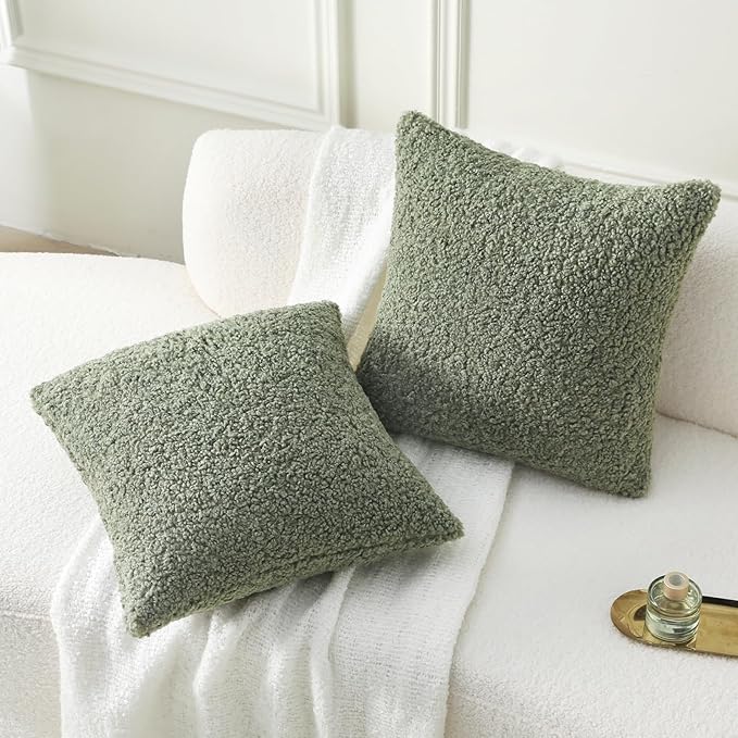 FUTEI Sage Green Throw Pillow Covers 16x16 Inch Set of 2,Furry Faux Fur Teddy Boucle Textured Cushion Covers,Soft Fluffy Decorative Pillow Case,Home Decor for Couch Bed Living Room Office Car