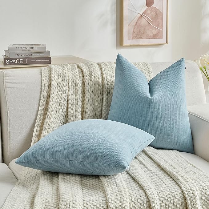 FUTEI Denim Blue Decorative Throw Pillow Covers 16x16 Inch Set of 2,Soft Cozy Wheat Ear Striped Patterns Cushion Cases,Modern Home Decor for Couch Bed Living Room