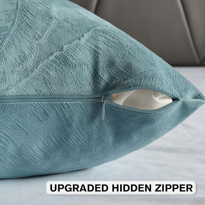 FUTEI Grey Blue Velvet Throw Pillow Covers 20x20 Inch Set of 2,Soft Embossed Leaf-Relief Textured Cushion Cases,Natural Home Decor for Couch Living Room