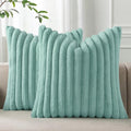Pallene Faux Fur Plush Throw Pillow Covers 18x18 Set of 2, Luxury Soft Fluffy Striped Decorative Pillow Covers for Sofa, Couch, Living Room, Aqua