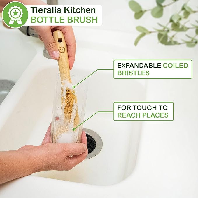 Tieralia Bamboo Dish Brush Gift Set – 5-Piece Kitchen Cleaning Bundle with Bottle Brush, Palm Brush, Scrub Brush & Sponge Pads | Elegant Wood Handles, Scratch-Safe Bristles, Giftable Packaging