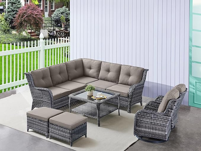 HUMMUH 8 Piece Patio Furniture PE Wikcer Outdoor Furniture Set with Sectional Sofa Swivel Patio Chairs Ottomans and Glass Coffee Table for Yard,Garden,Lawn