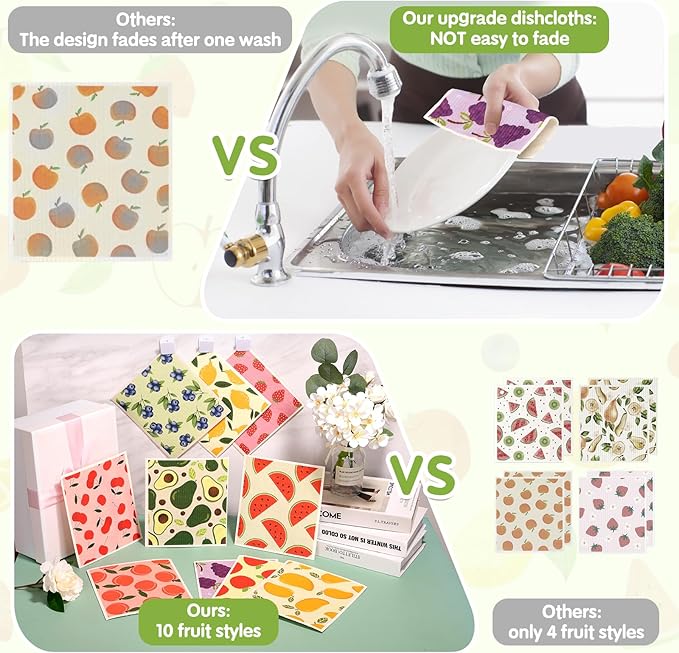 10 Pack Swedish Dishcloths for Kitchen- Reusable Paper Towels Washable Swedish Cloths Fruit Prints Dish Wipes with Adhesive Clips- Super Absorbent Fast Drying Kitchen Sponge for Cleaning Dishes