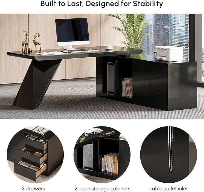 homary 70.9" Modern L-Shape Executive Desk Set, Home Office Desk with Home Office Executive Chair, Drawers & Cabinet Modern Computer Desk for Home Business Furniture, Black, Left Hand