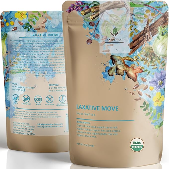Gardenika Organic Laxative Loose Tea, Herbal, Caffeine-Free, KSA Kosher, Ayurvedic with Fennel, Ginger, Senna, Cinnamon - 4oz (1 Pack)