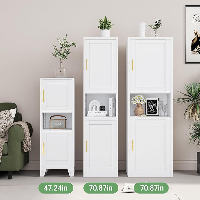 47.24" H Metal Narrow Bathroom Storage Cabinet Pantry Storage Cabinet, 2 Adjustable Shelves for Kitchen, Home Office, Living Room, Dinning Room (White)