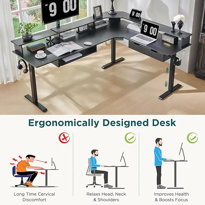 RedLemon 75X60 Inches L Shaped Electric Standing Desk, Height Adjustable Corner Gaming Desk with Drawers, Power Outlets & LED Lights, Computer Desk with Monitor Shelf, Carbon Fiber Black
