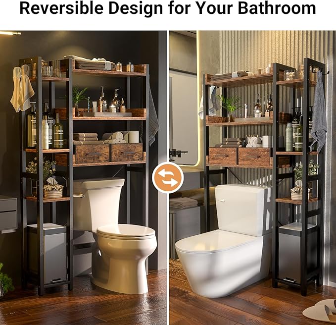 Over The Toilet Storage with 2 Drawers - 7 Tier Bathroom Organizer with Adjustable Shelf, Freestanding Space Saver Storage Rack Above Toilet Stand with 4 Hooks for Restroom, Laundry, Rustic Brown