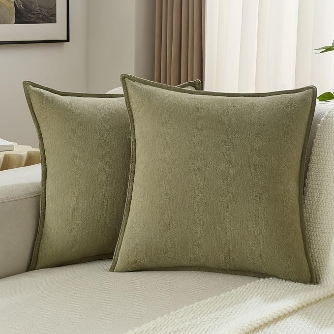 FUTEI Olive Green Chenille Throw Pillow Covers 20x20 Inch Set of 2,Edges Double-Stitched Cushion Cases,Modern Home Decor for Couch Living Room