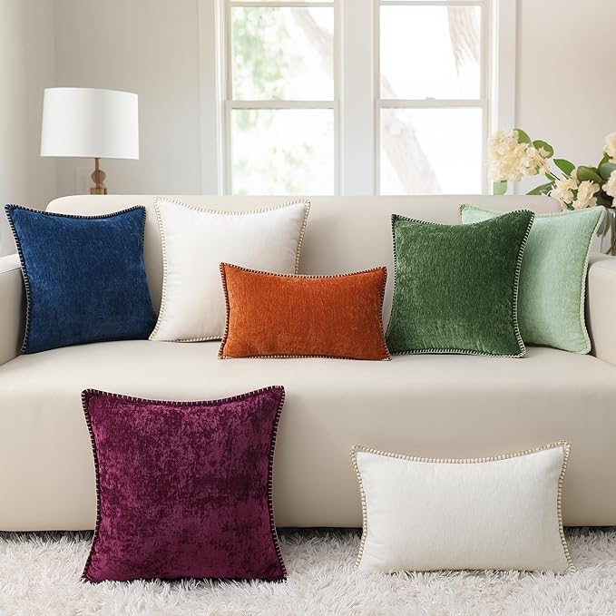 decorUhome Chenille Soft Throw Pillow Covers 24x24 Set of 2, Farmhouse Velvet Neutral Decorative Euro Pillow Covers with Stitched Edge for Couch Sofa Bed Home Decor, Aqua Haze