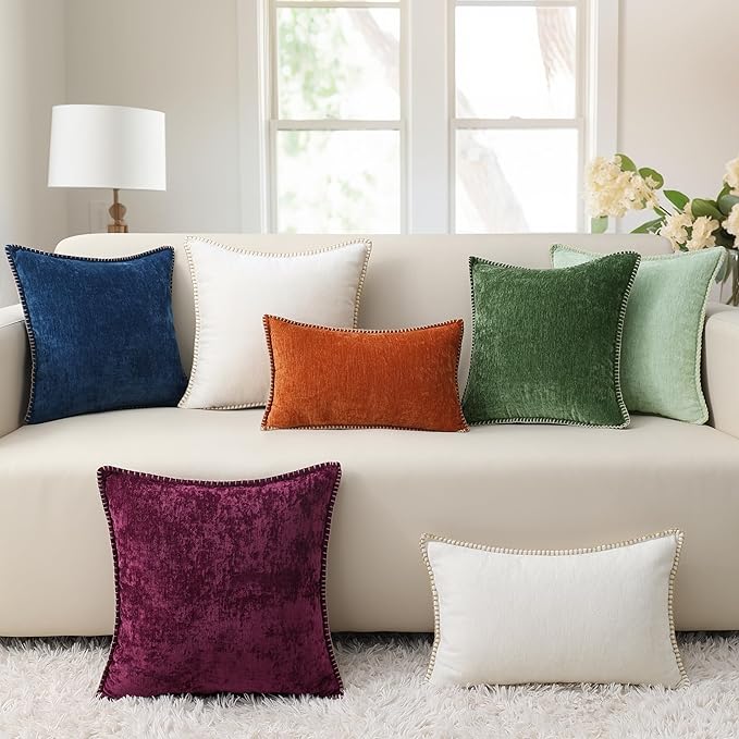 decorUhome Chenille Soft Throw Pillow Covers 16x16 Set of 2, Farmhouse Velvet Neutral Decorative Euro Pillow Covers with Stitched Edge for Couch Sofa Bed Home Decor, Neutral Gray