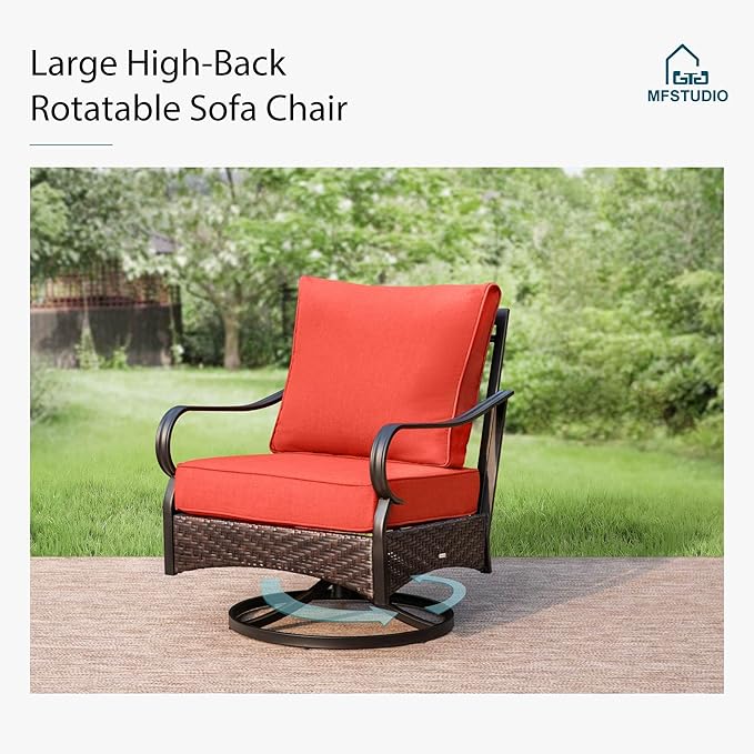 MFSTUDIO 4 Pieces Outdoor Patio Furniture Set, Metal Outdoor Conversation Set, Rattan Wicker Patio Sectional with 2 x Swivel Single Sofa, 3-Seat Sofa, 1 x Coffee Table, Red