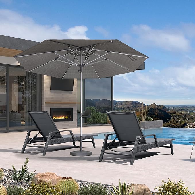 PURPLE LEAF 3-Piece Patio Chaise Lounge Set with Market Umbrella Adjustable Outdoor Recliners for Pool, Patio and Garden Moon Basalt