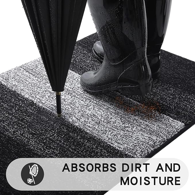Kitinjoy Indoor Outdoor Door Mat, 40x32 Non-Slip Absorbent Dirt Trapper, Low-Profile Washable Inside Entrance Front Floor Mat, Sturdy Soft Entry Doormats for Entryway, Black