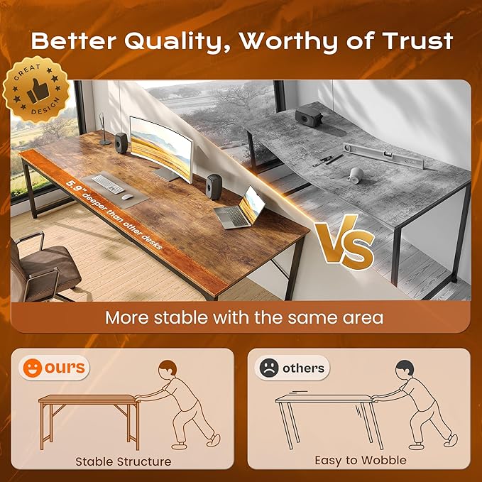 PRAISUN 78.7 X 29.5 Inch Computer Desk with Deeper Desktop, Long Gaming Office Writing Work Desk for Home Office, Study, Bedroom, Work from Home, Metal Frame, Rustic Brown