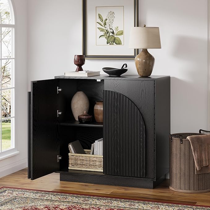 win2win Fluted Sideboard Buffet Cabinet with Storage, 31.5" Modern Accent Cabinet with Double-Layered Arch Doors, Small Wood Console Credenza for Living Room, Dining Room, Entryway, Hallway, Black