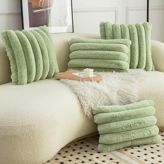 Neelvin Green Faux Fur Cozy Soft Striped Decorative Throw Pillow Covers 20x20 inch Set of 2,Velvet Pillowcase Cushion Case for Sofa Couch