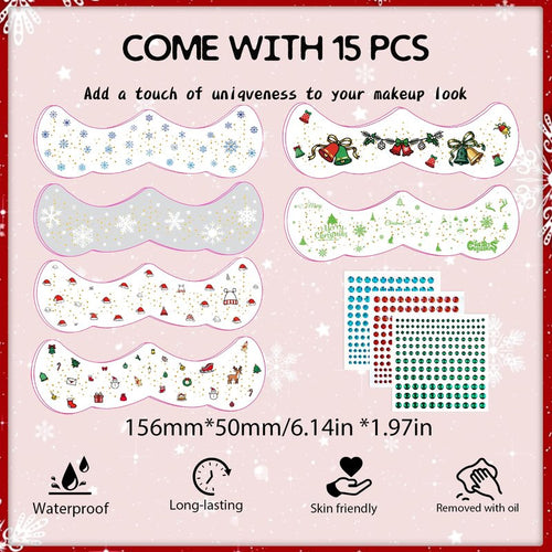 15 PCS Christmas Face Temporary Tattoos, With Red Green White Face Gems Glitter Freckles Face Tattoo for Women, Waterproof Christmas Accessories Face Makeup for Cosplay Party Supplies