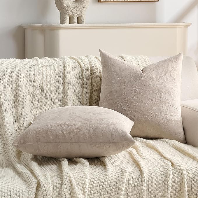 FUTEI Oatmeal Velvet Throw Pillow Covers 22x22 Inch Set of 2,Soft Embossed Leaf-Relief Textured Cushion Cases,Natural Home Decor for Couch Living Room