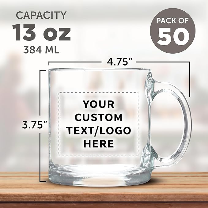 Custom Libbey Clear Glass Coffee Mugs 13 oz. Set of 50, Personalized Bulk Pack - Perfect for Coffee, Tea, Espresso, Hot Cocoa, Other Beverages - Clear Bottom