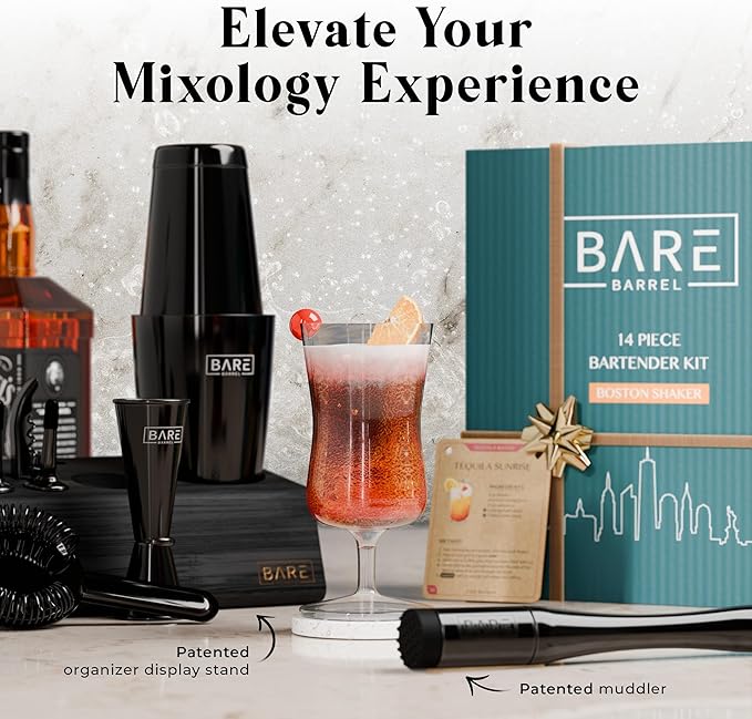 BARE BARREL® Mixology Bartender Kit Bar Set | 14-Piece Cocktail Shaker Set | Martini Barware Mixing Tools for Home Bartending | Incl. 35 Recipe Cards | Gift Set (28oz Boston Shaker, Jet Black/Black)
