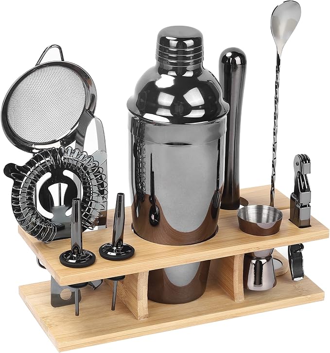 11Pcs-Cocktail Shaker Set Black Bartending Kit 25oz Cocktail Bar Set Cocktail Mix Drink Making Kit Professional Bar and Home Drink Bar Tools for Bartender（Gun-Metal Black）
