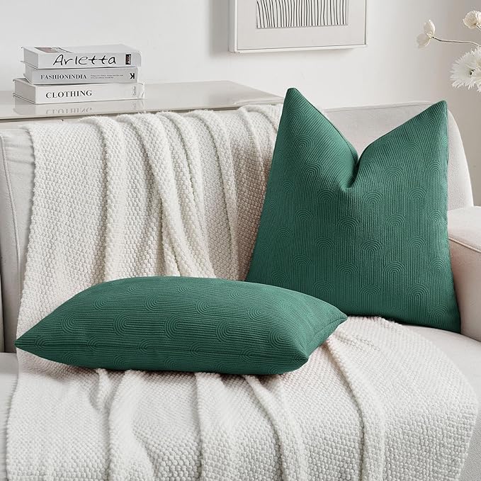 FUTEI Teal Chenille Decorative Throw Pillow Covers 18x18 Inch Set of 2,Soft Cozy Striped Geometric Patterns Cushion Cases,Modern Home Decor for Couch Bed Living Room