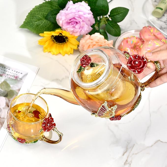 46oz/1300ml Large Enamel Teapot With Infuser,Floral Glass Teapot With Red Rose Flower Butterfly,Removable Infuser For Blooming Tea,Loose Leaf Tea,Fruit Tea,Tea Bag