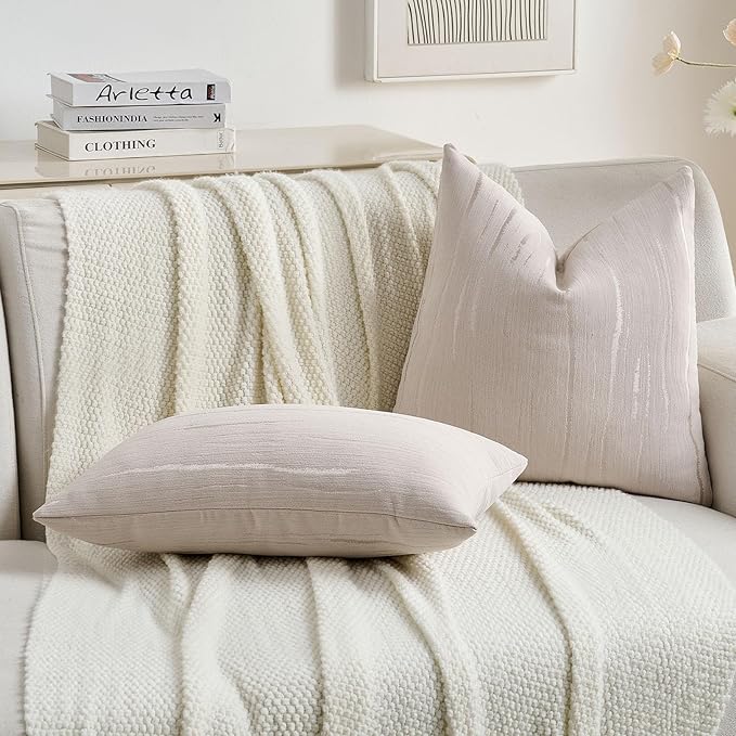 FUTEI Beige Chenille Decorative Throw Pillow Covers 20x20 Inch Set of 2,Soft Embossed Striped Textured Cushion Case,Modern Home Decor for Couch Bed Living Room